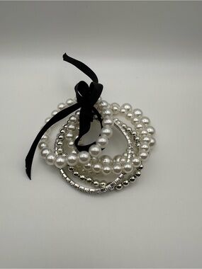 Faux Pearl Rhinestone Stacking Bracelet Set Silver Tone Black Ribbon Bow